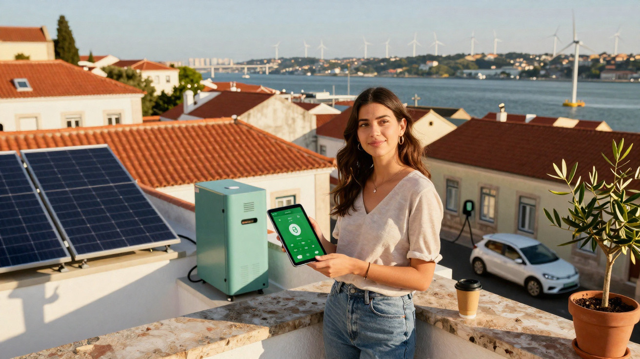 Mulher a usar tablet junto a painéis solares e turbinas eólicas numa varanda ensolarada em zona residencial.