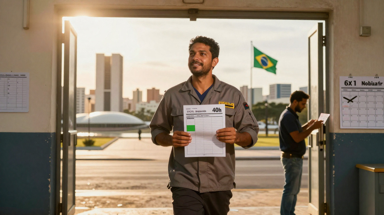 Homem com uniforme cinzento segura folha de ponto numa entrada aberta com bandeira do Brasil ao fundo.