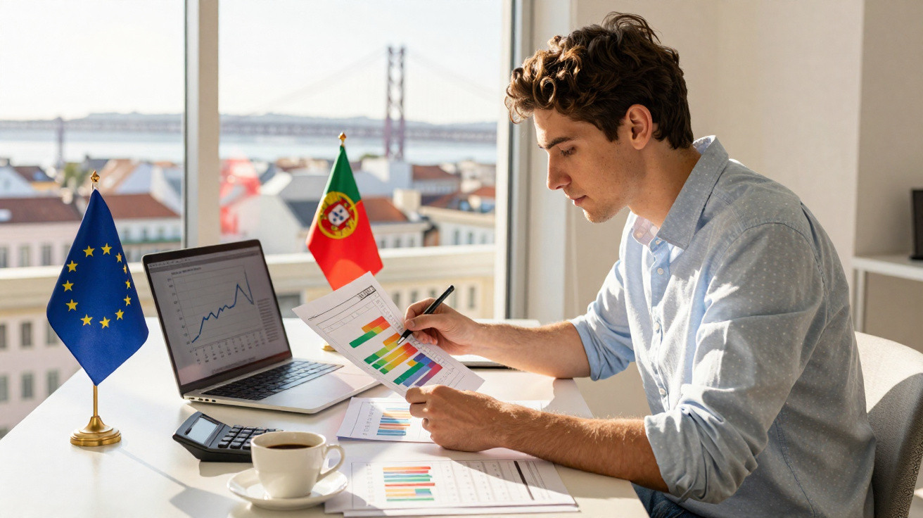 Jovem a analisar gráficos e dados num escritório com bandeiras da UE e de Portugal junto ao computador portátil.