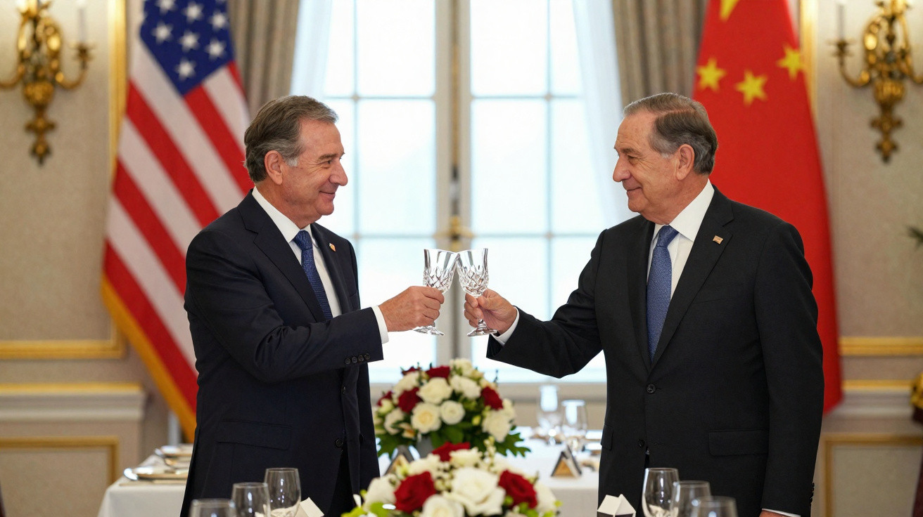 Dois homens de fato a brindar com copos em sala formal com bandeiras dos EUA e China ao fundo.