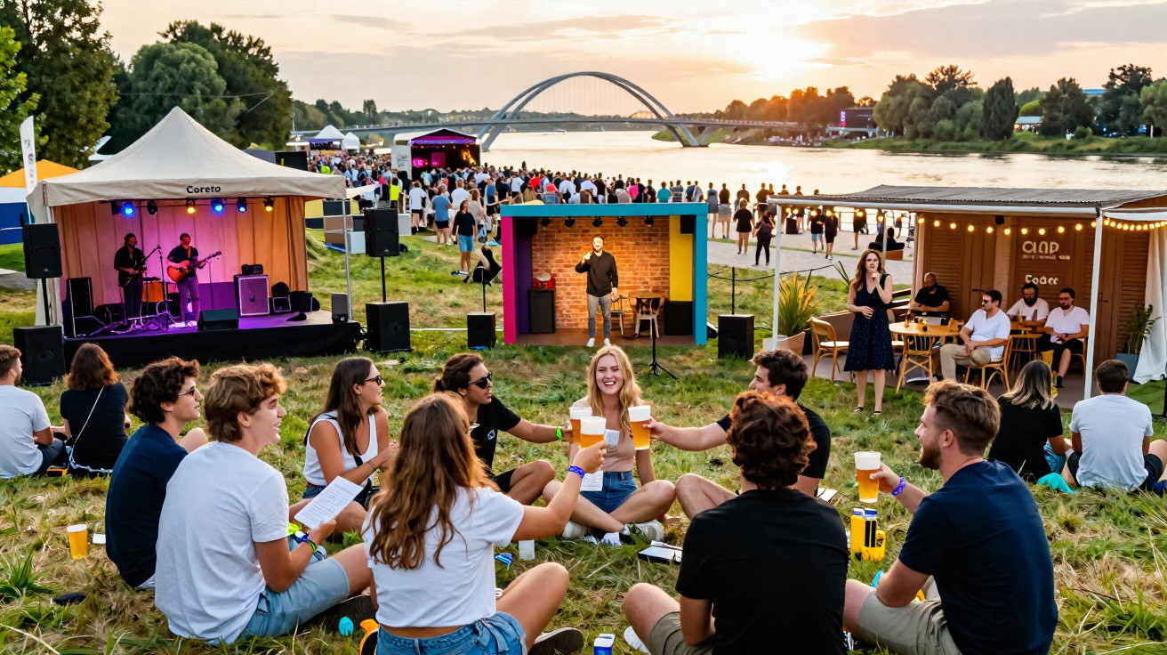Grupo de jovens a brindar com cerveja num festival ao ar livre ao lado de um rio ao pôr do sol.