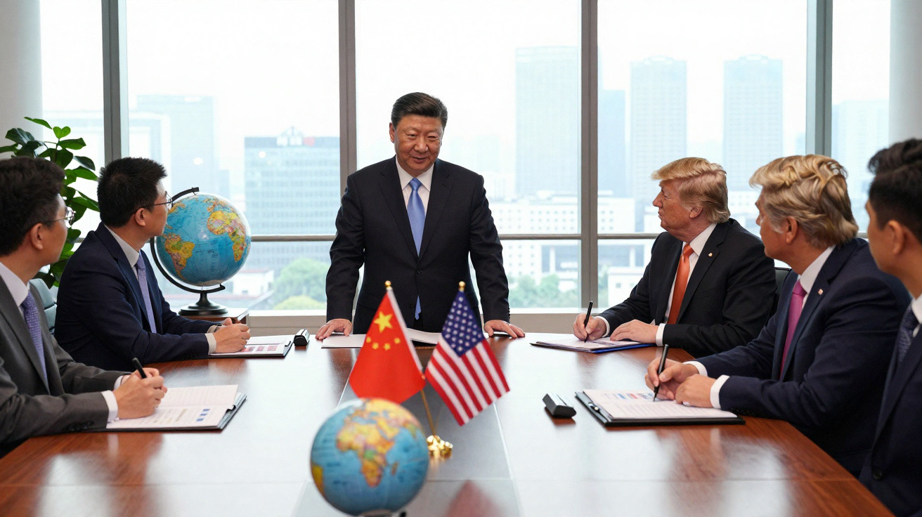 Reunião de diplomatas com bandeiras da China e dos EUA numa sala com vista urbana, discutindo assuntos oficiais.