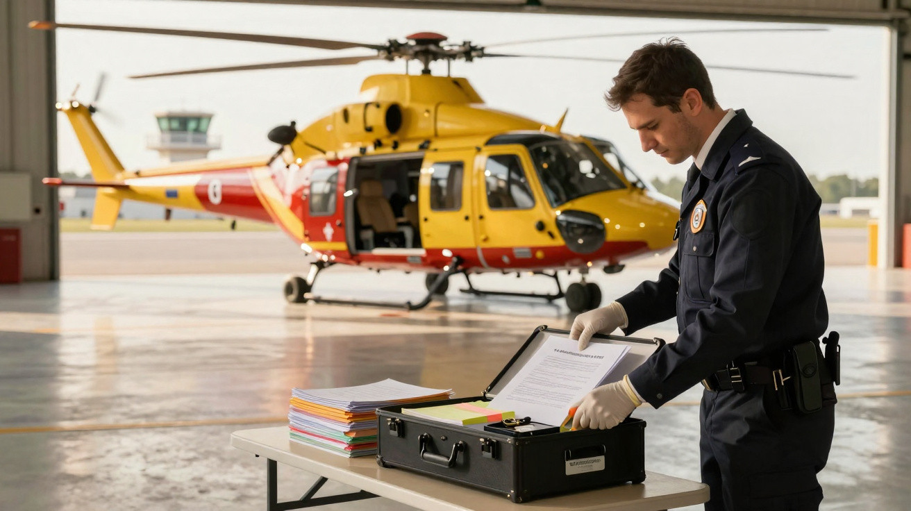 Homem em uniforme e luvas organiza documentos em mala diante de helicóptero amarelo e vermelho num hangar.