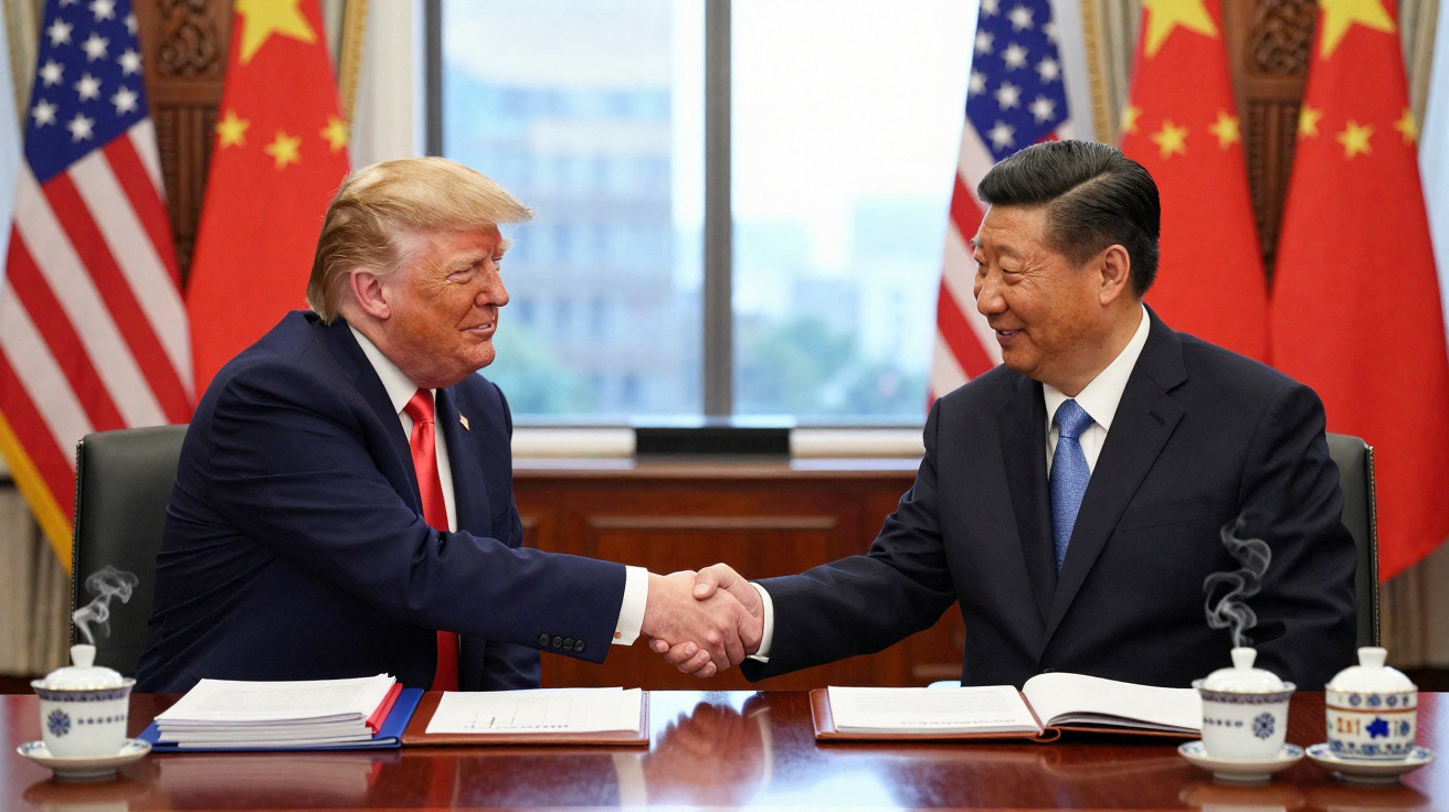 Dois líderes políticos apertam as mãos sentados à mesa com bandeiras dos EUA e China ao fundo.
