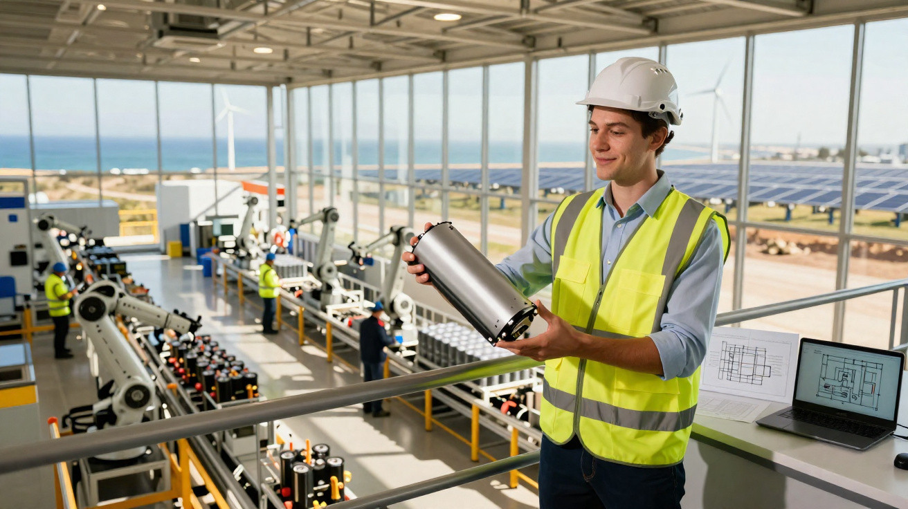 Engenheiro em colete e capacete segura componente em fábrica com painéis solares e turbinas ao fundo.