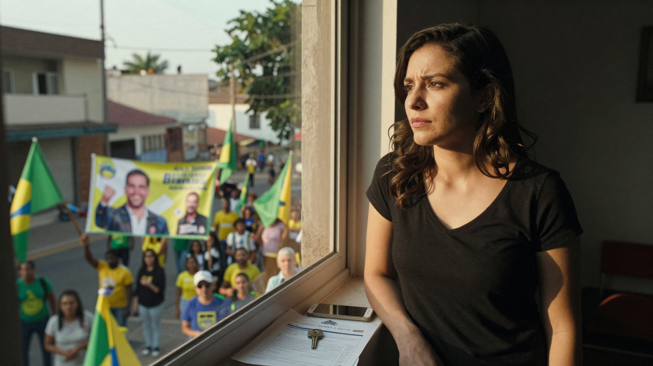 Mulher olhando pensativa pela janela enquanto campanha política decorre na rua com bandeiras do Brasil.