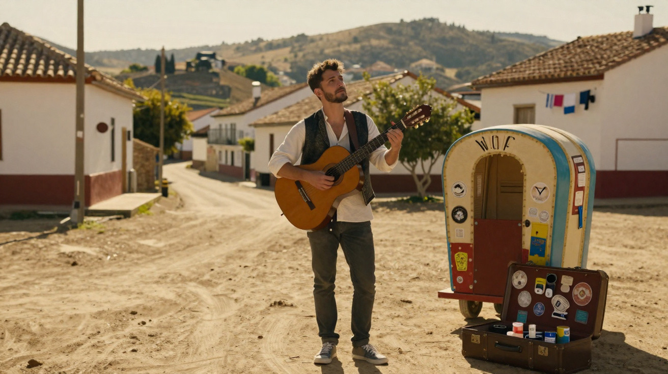 Homem a tocar guitarra numa rua de terra batida em aldeia com casas brancas e montanhas ao fundo.