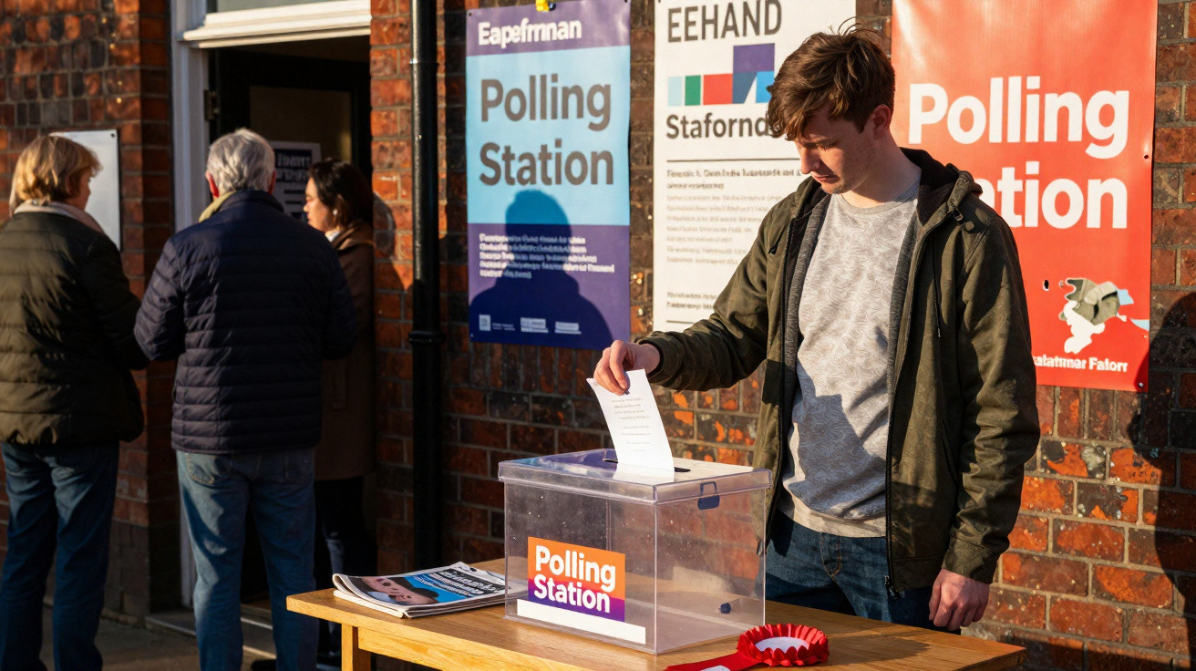 Jovem a votar numa urna transparente numa estação de voto, com várias pessoas na fila atrás.