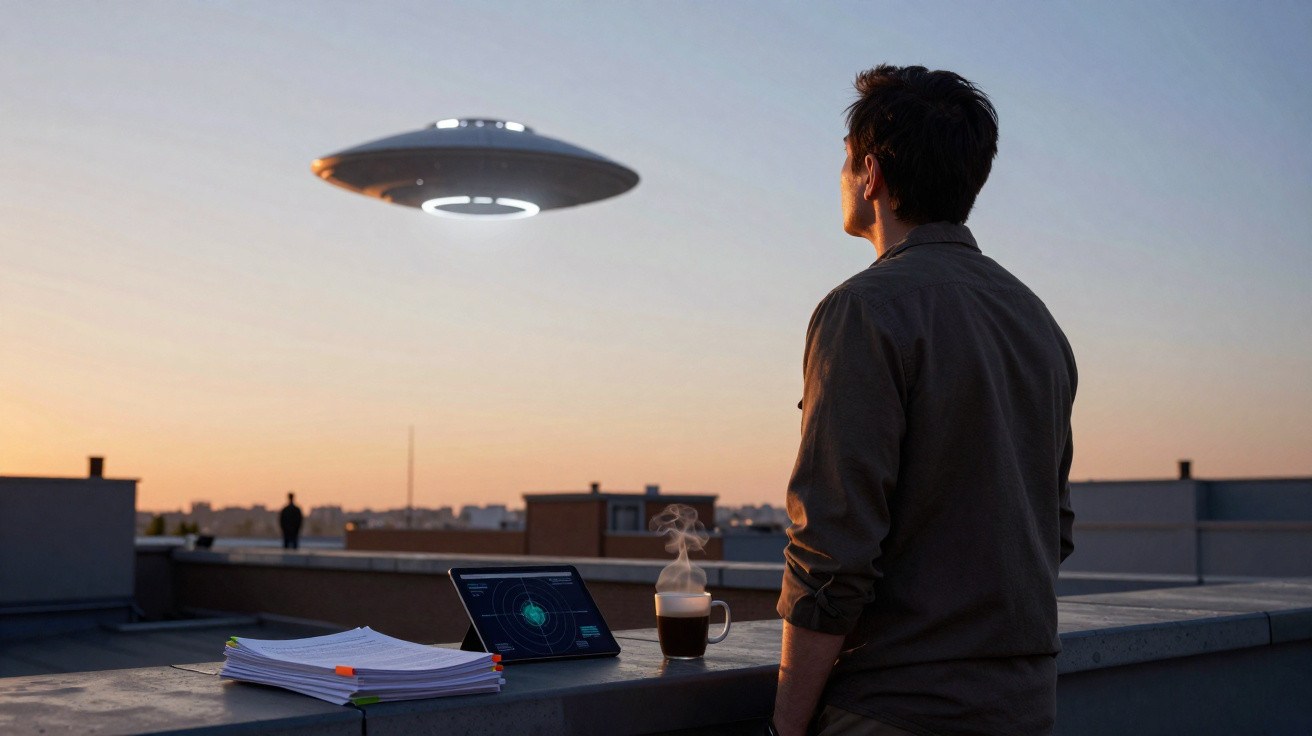Homem observa um objeto voador não identificado em forma de disco à frente ao pôr do sol.
