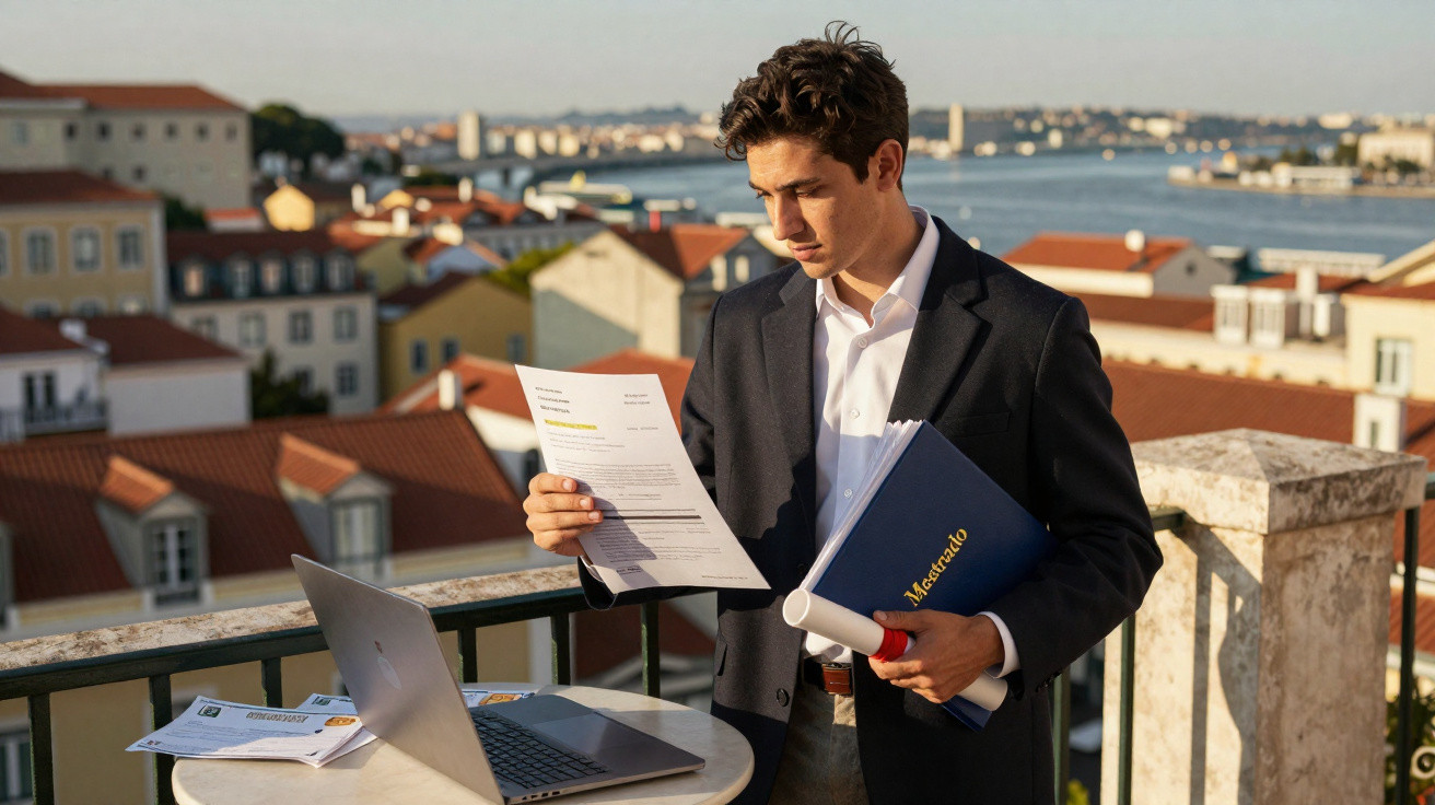 Jovem vestido formal lê documento no terraço com vista para telhados e rio ao fundo, segurando pasta azul.