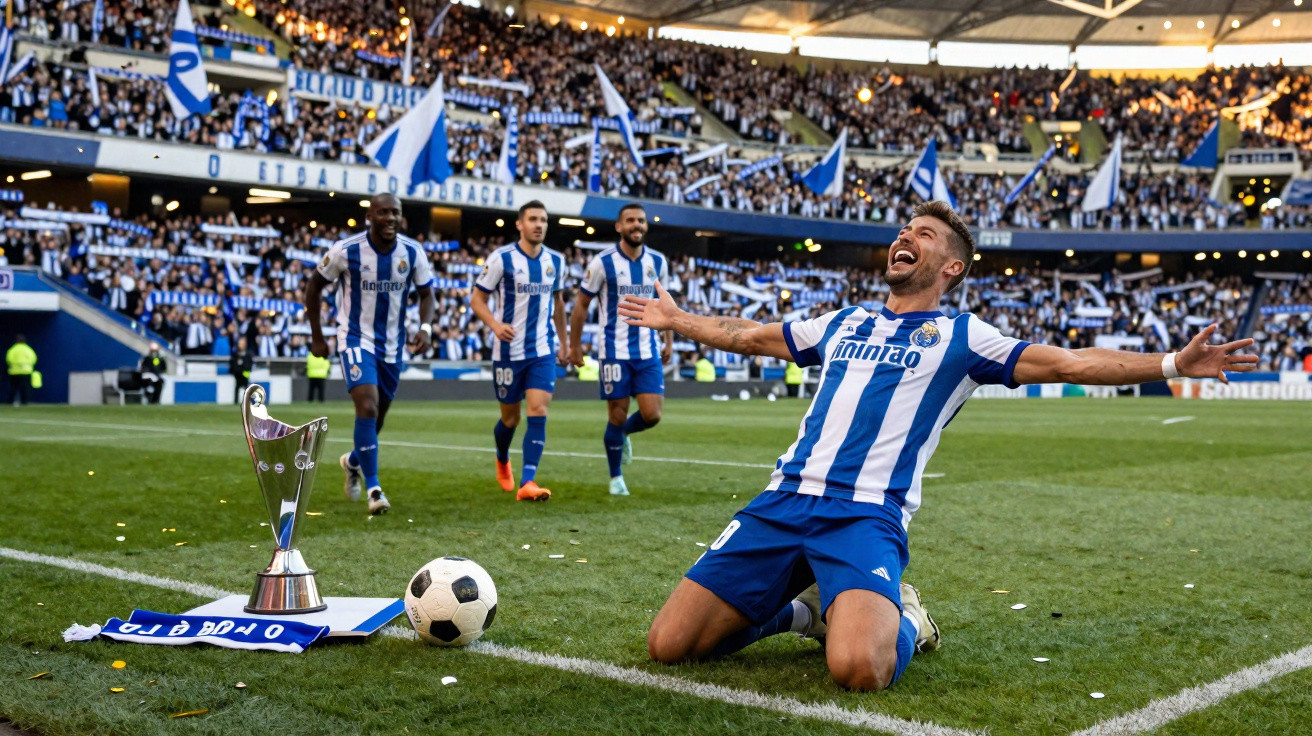 Jogador do FC Porto a celebrar golo ajoelhado no relvado com troféu e bola junto à linha lateral.