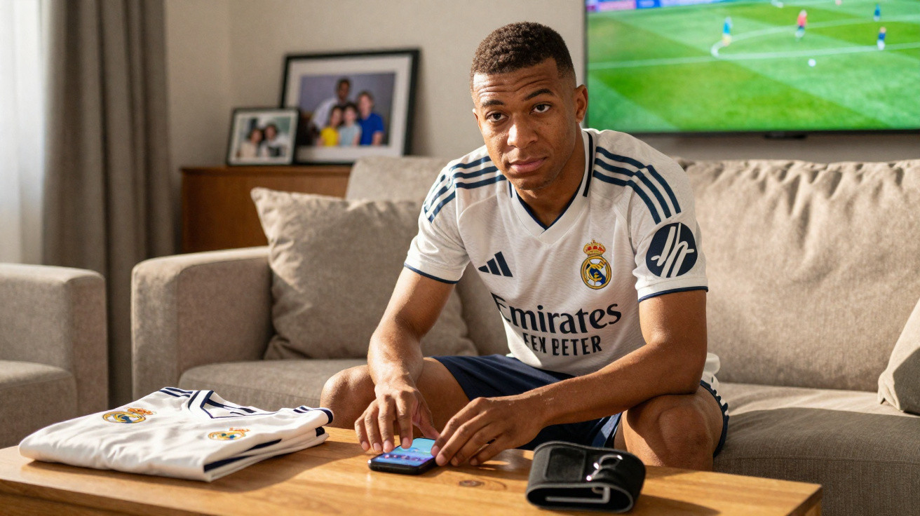 Atleta sentado numa sala a olhar para o telemóvel, com camisola do Real Madrid, e televisão com jogo de futebol ao fundo.