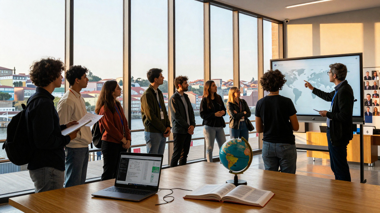 Grupo de jovens atentos a uma apresentação sobre mapa-múndi em sala com vista para o rio.