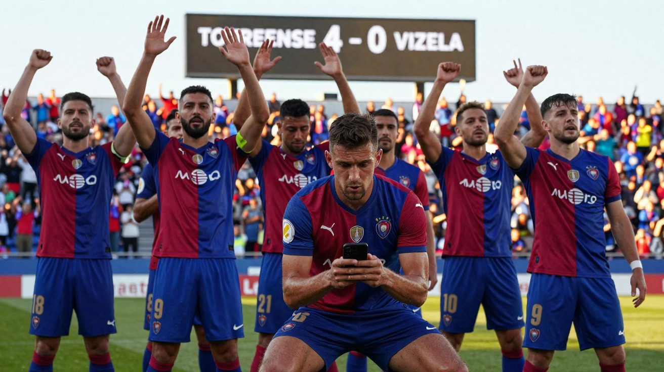 Jogadores do Torreense celebram vitória por 4-0 contra Vizela no estádio com público.