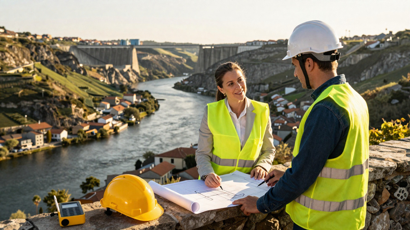 Dois engenheiros com coletes refletivos discutem planos de construção junto a um rio e uma barragem ao fundo.