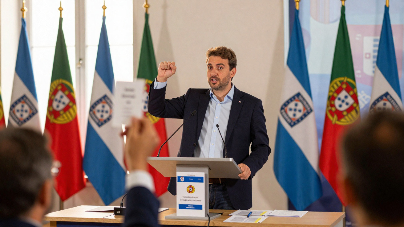 Homem de fato a discursar com punho erguido numa conferência, com bandeiras de Portugal e outras ao fundo.