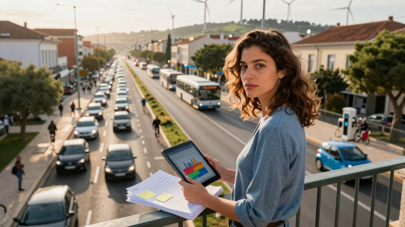 Mulher com tablet e documentos sobre movimento de trânsito em estrada com carros e autocarros ao pôr do sol.