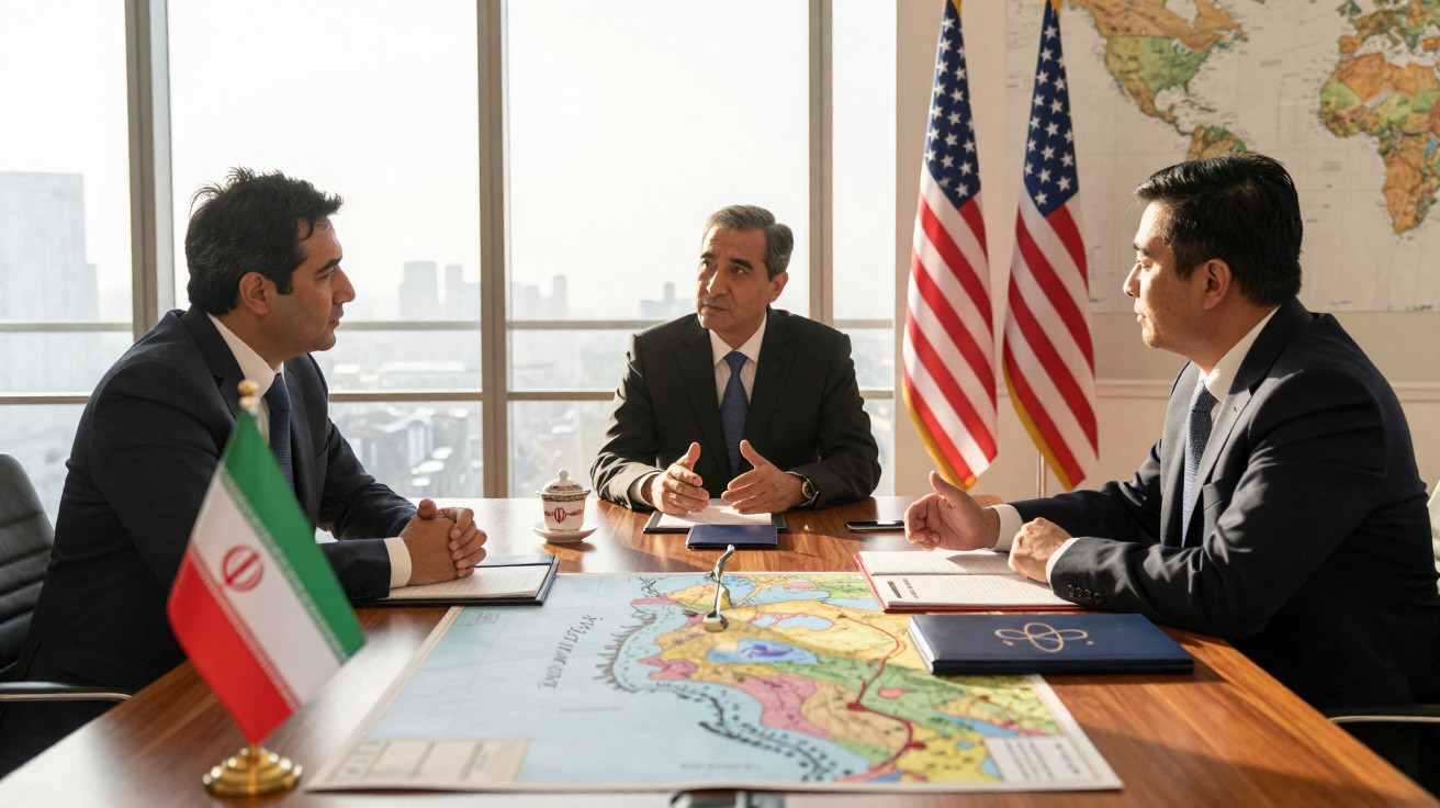 Três diplomatas em reunião numa sala com bandeiras dos EUA e Irão e mapa sobre a mesa.