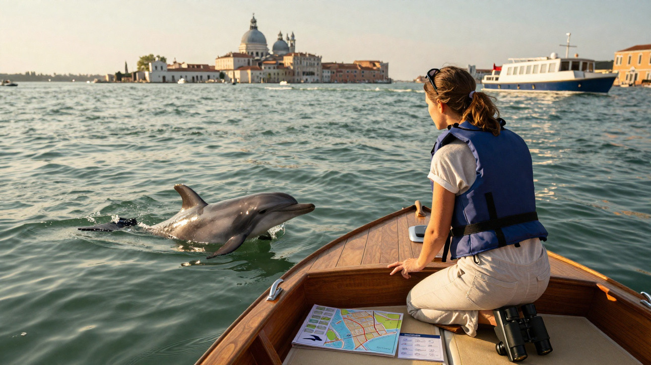 Rapaz em barco observa golfinho na água com edifícios históricos ao fundo, em Veneza, Itália.