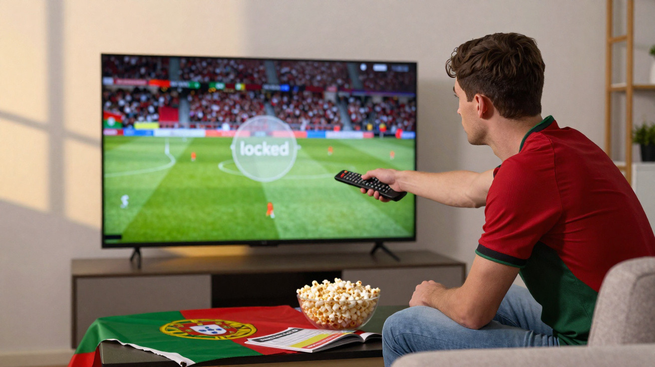 Homem de camisola vermelha e verde a tentar mudar canal na TV onde está um jogo de futebol bloqueado.