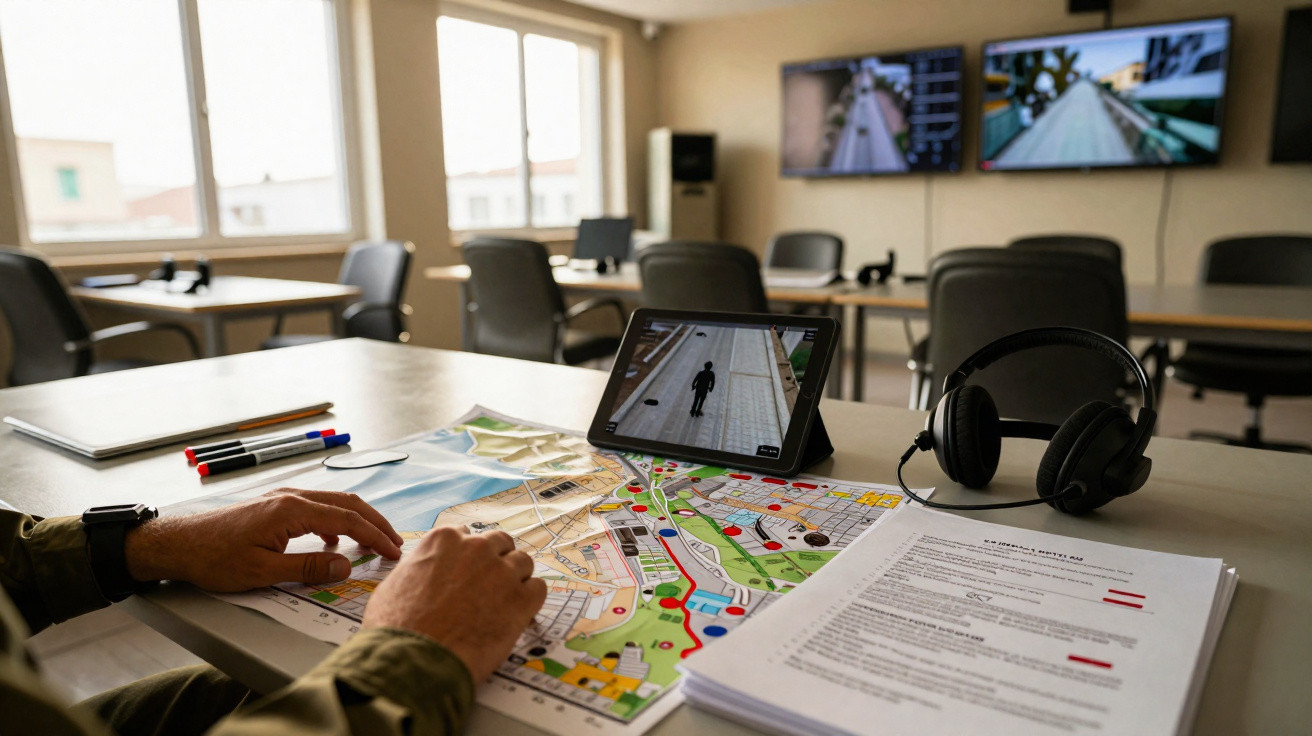 Mesa de trabalho com mapa, tablet, auscultadores e documentos numa sala de vigilância.