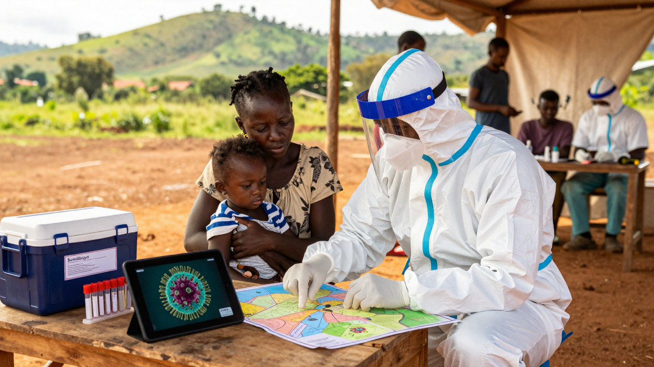 Profissional de saúde em traje de proteção consulta mapa com mãe e filho em área rural ao ar livre.