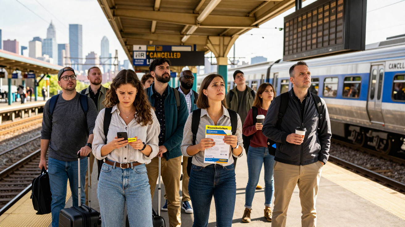 Grupo de passageiros preocupados numa plataforma de comboios com um comboio cancelado ao fundo.