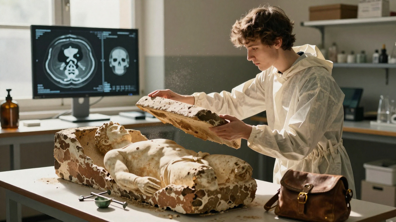 Investigador a abrir molde de estátua antiga em laboratório com imagens de tomografia no ecrã.