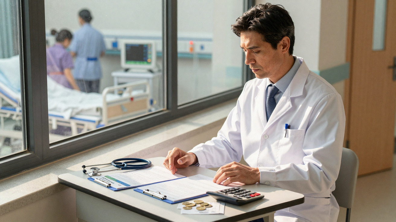 Médico sentado numa mesa a analisar documentos com estetoscópio e calculadora, hospital ao fundo.