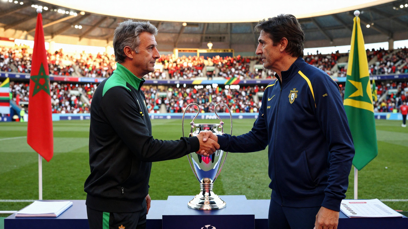 Dois treinadores apertam as mãos à frente de um troféu num estádio de futebol, com bandeiras de Marrocos e Mauritânia atrás.