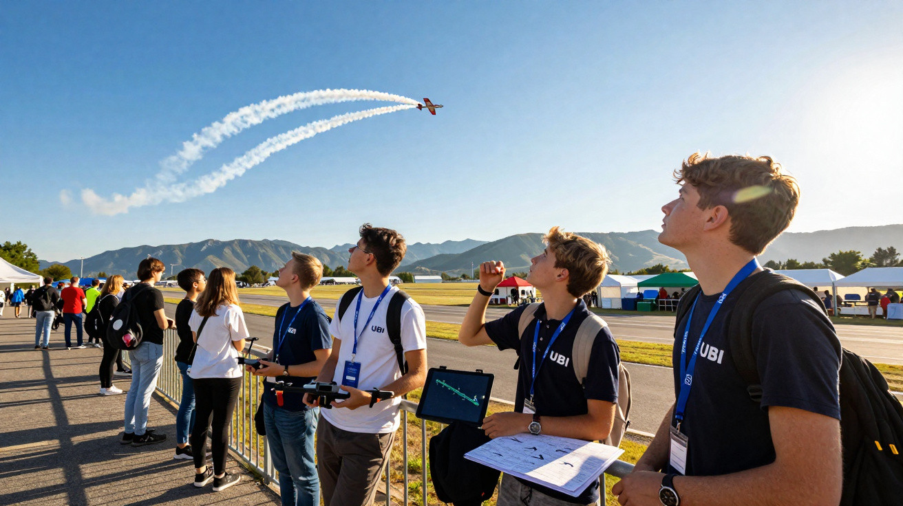 Jovens observam avião a fazer manobra com fumo branco em céu limpo, em evento ao ar livre com montanhas ao fundo.