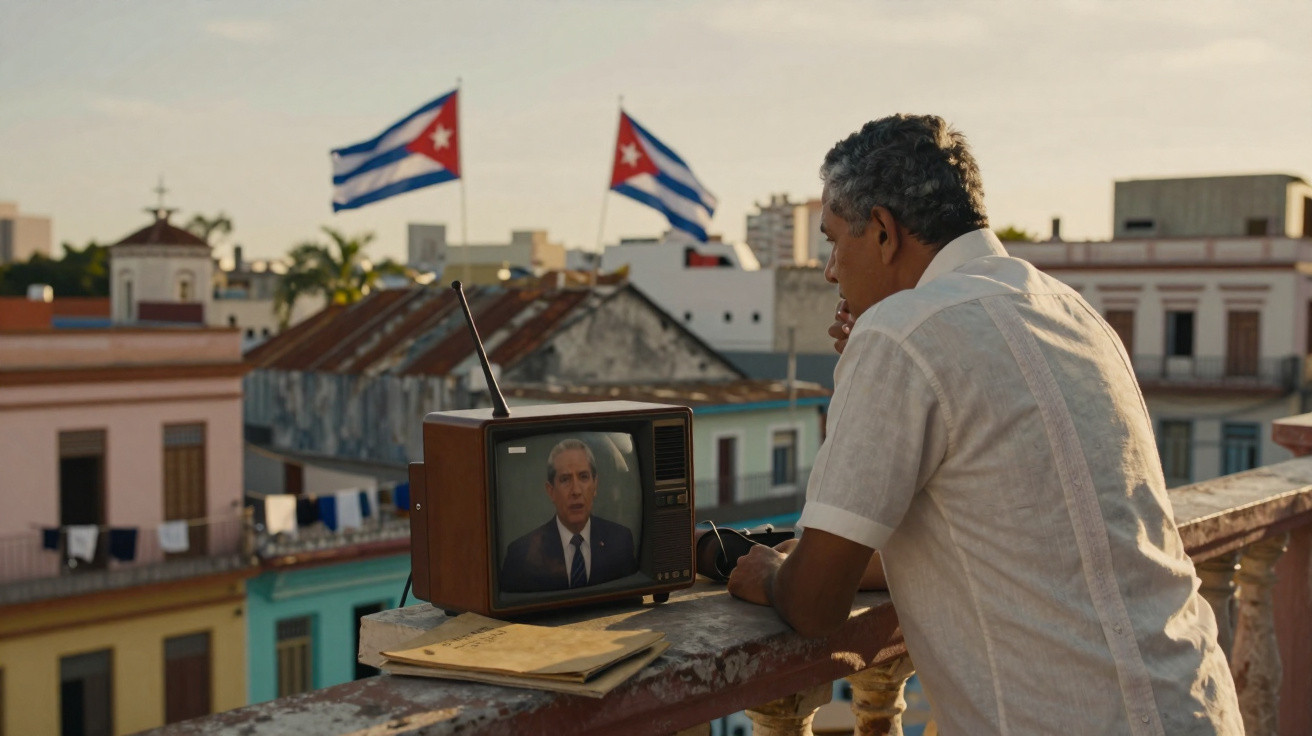 Homem observa programa político na televisão antiga, com bandeiras de Cuba ao fundo.