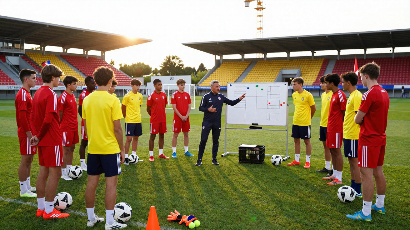 Treinador explica estratégia a jovens jogadores de futebol em campo de treino ao pôr do sol.
