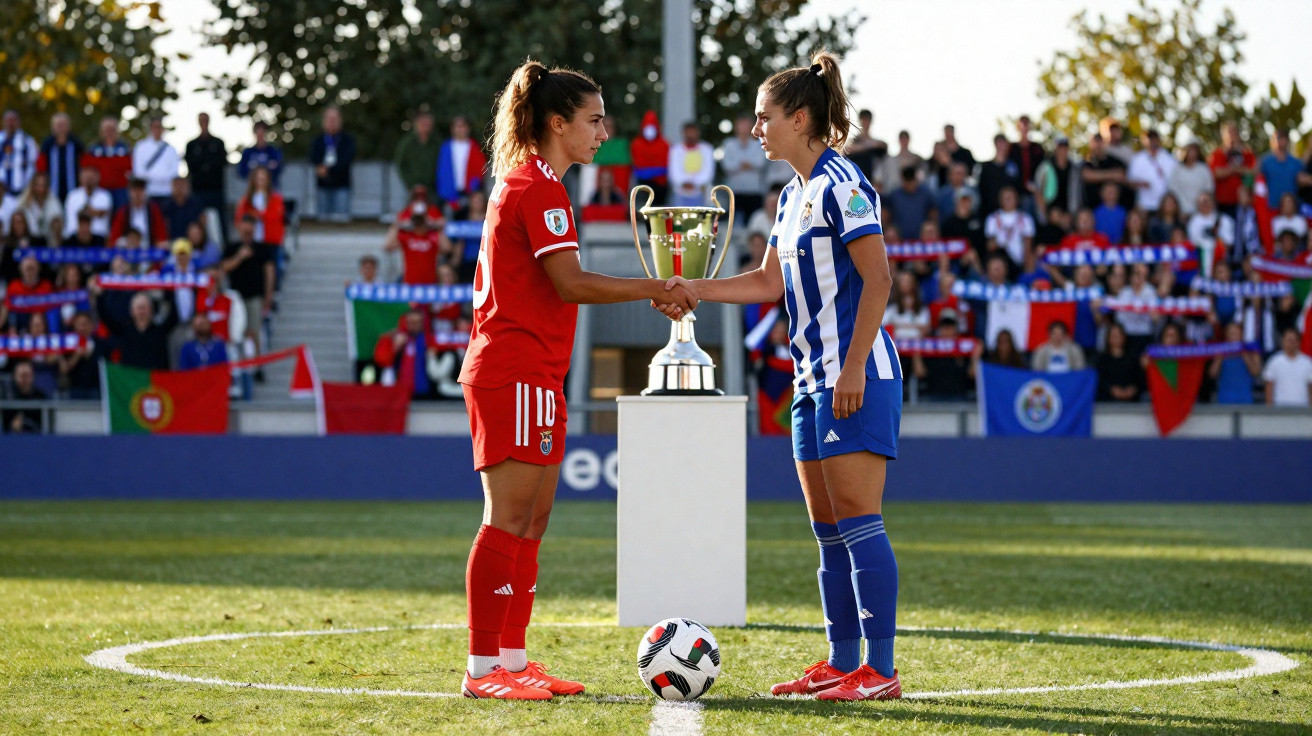 Duas jogadoras de futebol, uma de vermelho e outra de azul e branco, apertam as mãos junto a um troféu no campo.