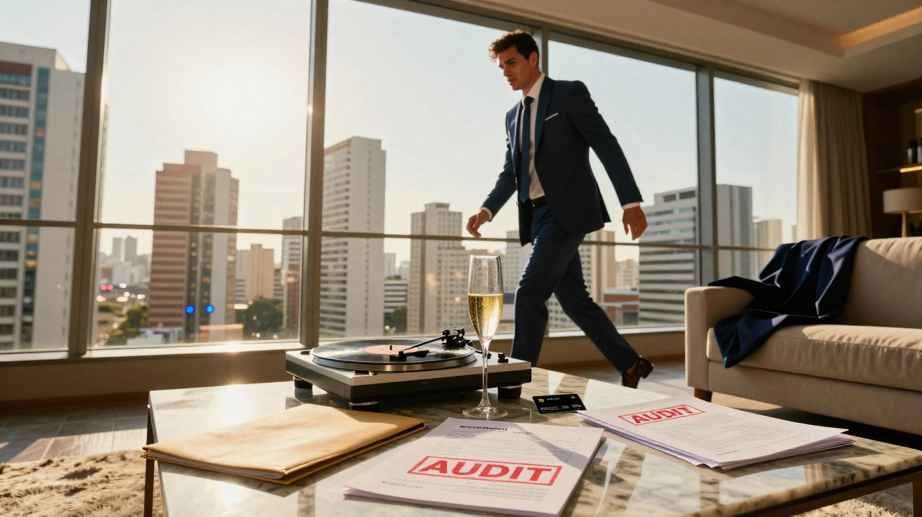 Homem de fato a andar numa sala moderna com vista urbana, mesa com documentos marcados "AUDIT".