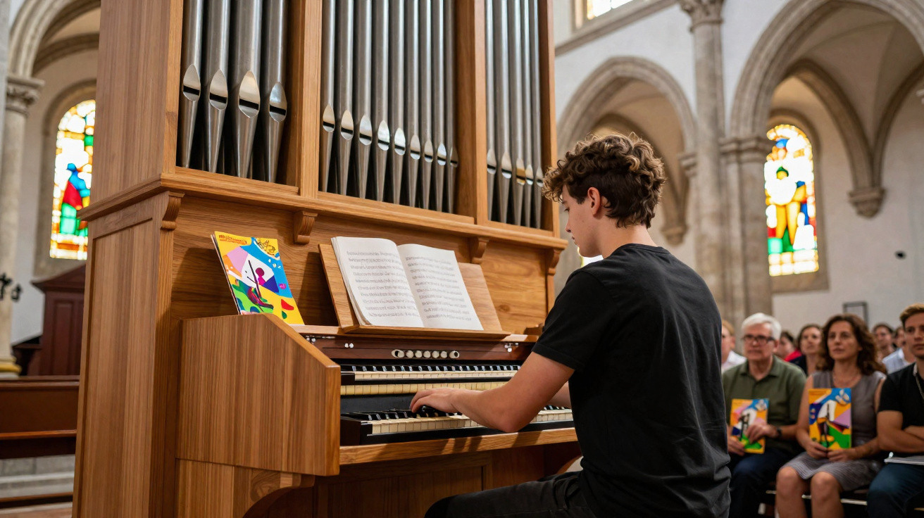 Jovem a tocar órgão num igreja com público atento e vitrais coloridos ao fundo.