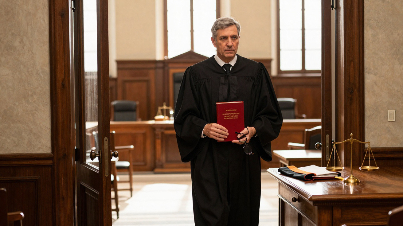 Homem de toga preta segurando livro vermelho num tribunal com mobiliário em madeira.
