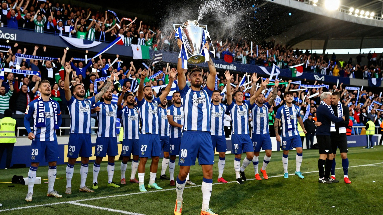 Jogadores do FC Porto celebram a vitória, com troféu levantado frente a adeptos no estádio cheio.