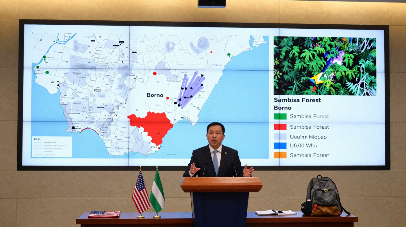 Homem dá discurso em frente a ecrã com mapa e bandeiras dos EUA e de Borno numa sala de conferências.