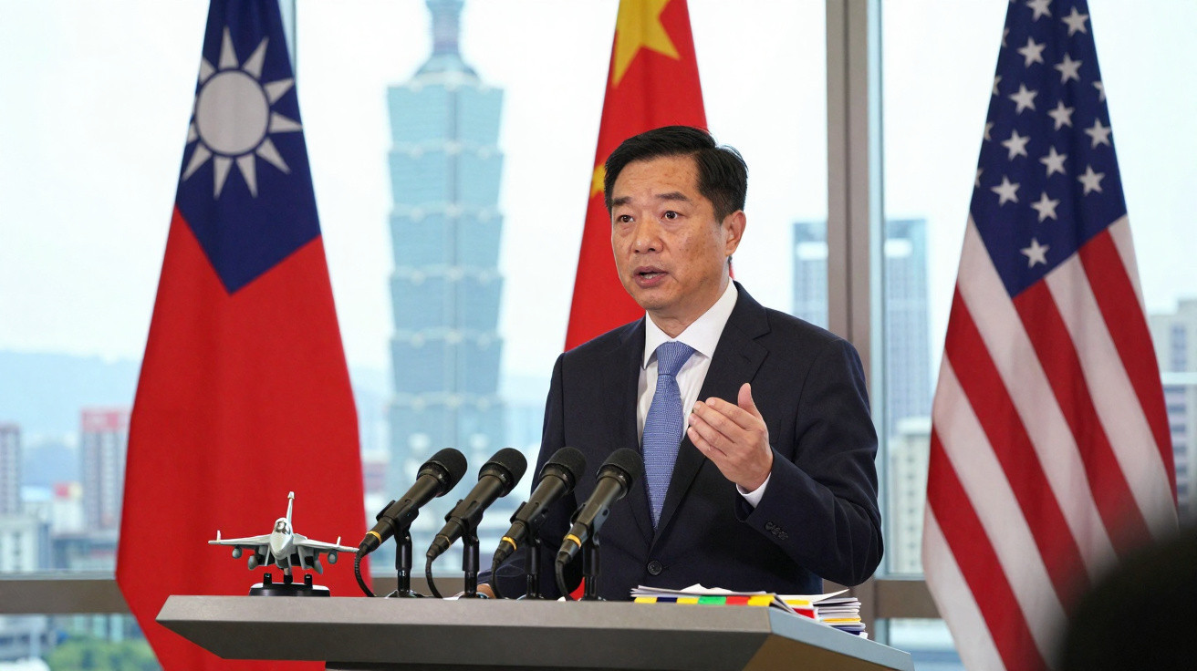 Homem em fato a discursar em púlpito com bandeiras de Taiwan, China e EUA ao fundo.