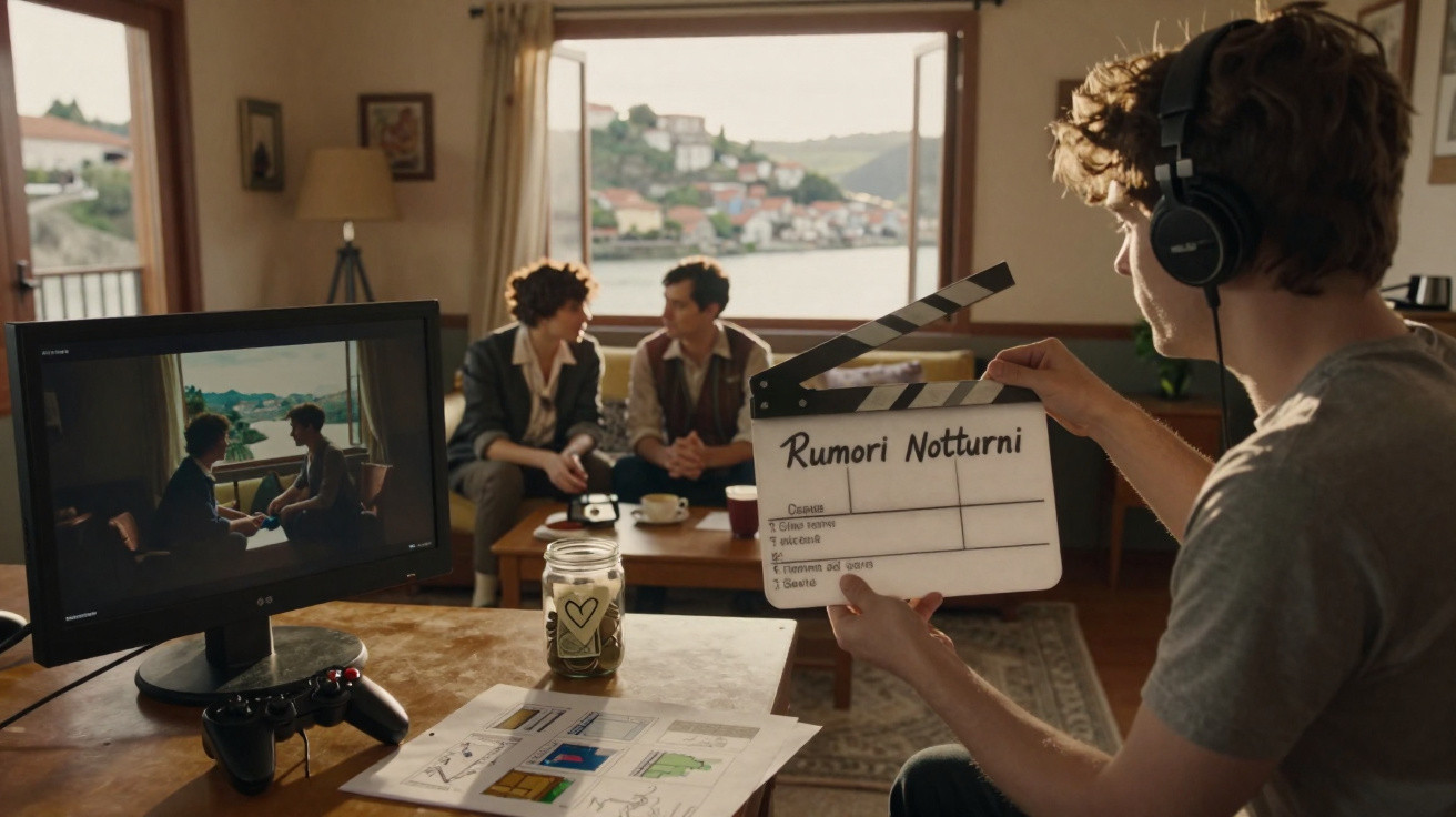 Jovem com auscultadores segura claquete num set de filmagem com duas pessoas sentadas ao fundo.