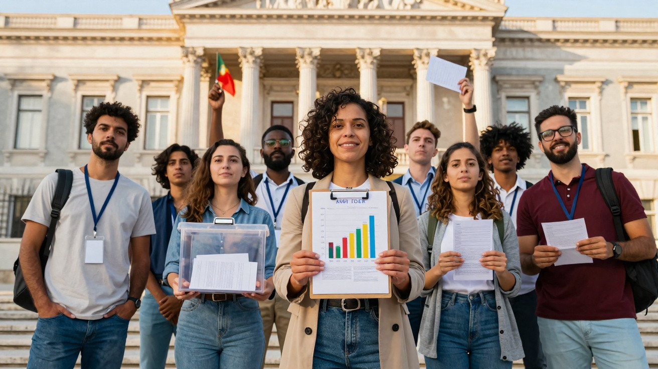 Grupo diversificado de jovens em manifestação com documentos e gráfico à frente de edifício governamental.