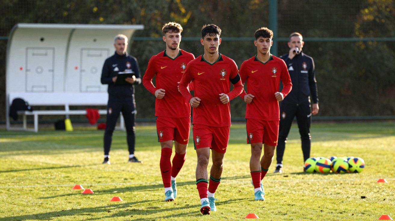 Três jogadores da seleção portuguesa de futebol a correr numa sessão de treino ao ar livre.
