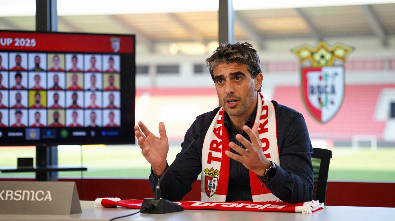 Homem sentado à mesa com cachecol do SC Braga, gesticulando durante conferência de imprensa no estádio.