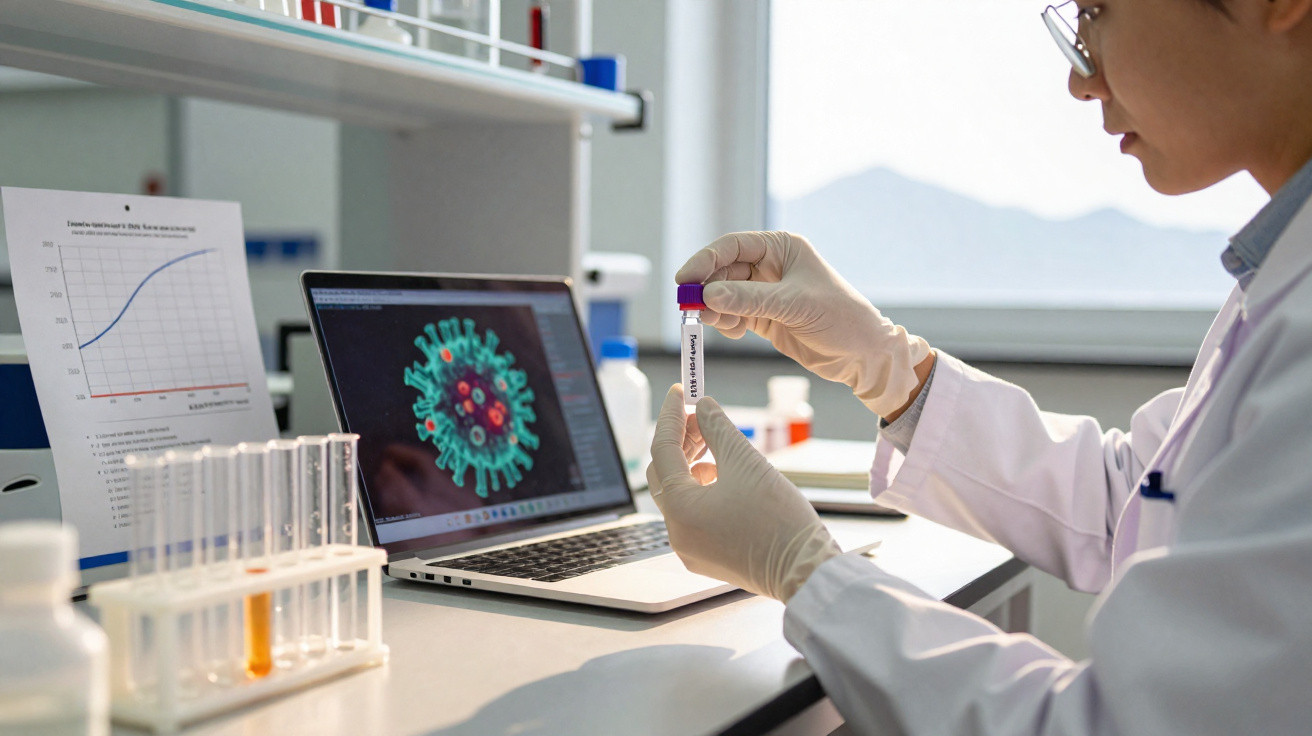 Cientista em laboratório a analisar amostra em tubo de ensaio com imagem do vírus da COVID-19 no computador.