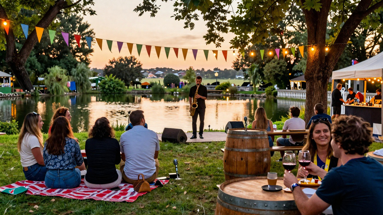 Pessoas sentadas ao ar livre junto a lago, ouvem músico a tocar saxofone ao pôr do sol com decoração festiva.
