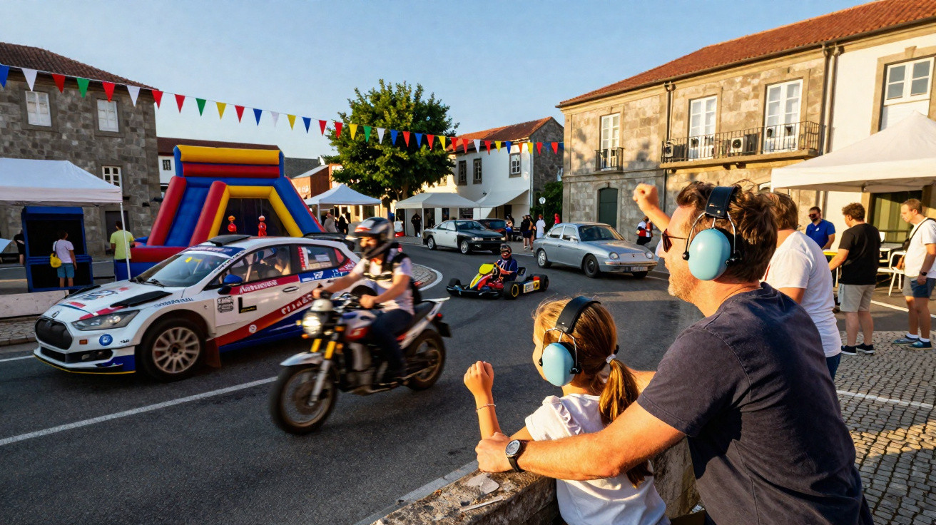 Pessoas com proteção auditiva assistem a corrida de carros clássicos e motos numa rua decorada para festa.