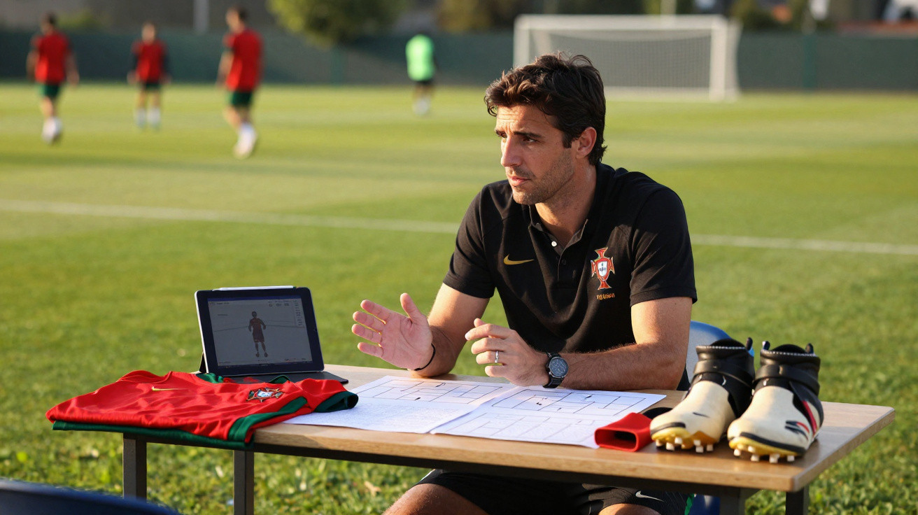 Homem sentado numa mesa ao ar livre com equipamento de futebol e esquemas táticos, num campo de futebol ao fundo.