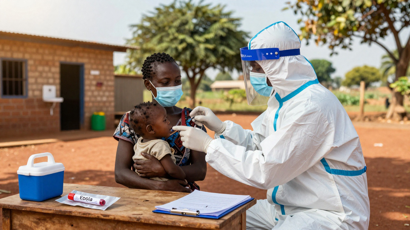 Profissional de saúde com PPE a examinar criança nos braços da mãe, ambos com máscara, num ambiente rural.