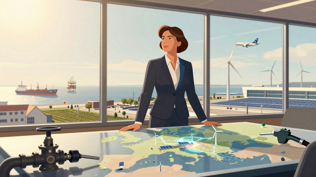 Mulher de negócios numa sala com mapa e objetos de energia, vista para turbinas e avião no fundo.